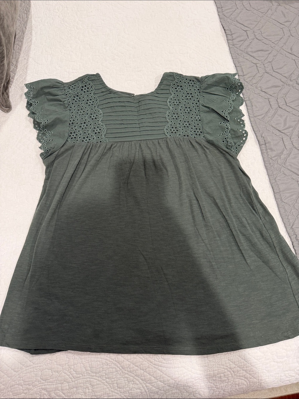 LOFT Green Eyelet Sleeve Pintuck Top